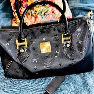 MCM Black Satchel with Gold Accents
